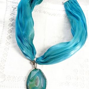 Large Amazonite Stone Pendant Teal Scarf Necklace